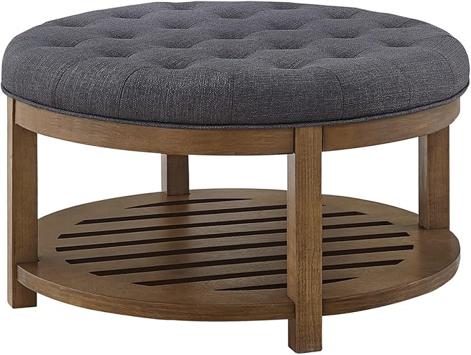 24KF Large Round Upholstered Tufted Linen Ottoman Coffee Table, Large Footrest Ottoman with Wood Shelf Storage-Charcoal