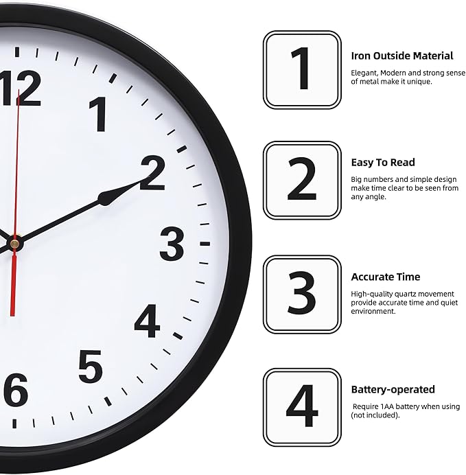 LEIKE Metal Wall Clock 16IN Black, Retro Silent Quartz Battery Operated, Decorative for Patio, Kitchen, Living Room, Bedroom, Pool