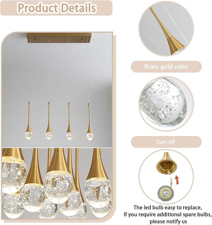 Dining Room Light Fixture 4-Light Gold Kitchen Island Lighting Industrial Linear Crystal Chandeliers for Dining Room Pendant Light Fixture for Living Room Hallway Bedroom