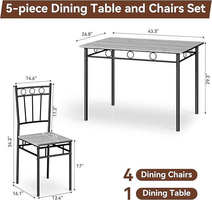Kitchen Dining Table Set for 4, 5-Piece Kitchen Table Set,Dining Room Table Sets,Rectangular Kitchen Table Set with 4 Chairs for Small Space, Dinette,Apartment,Rustic Grey