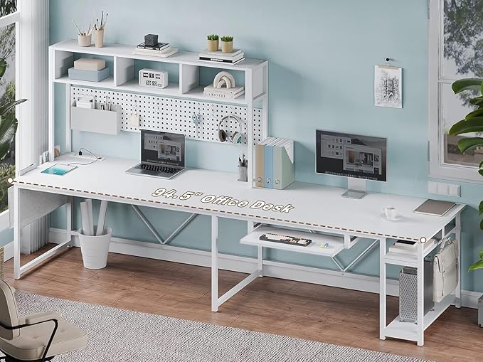 SEDETA White L Shaped Gaming Desk, Reversible Corner With Power Outlet and Pegboard, Hutch, Storage Shelf, Keyboard Tray, and LED Lights for Home Office