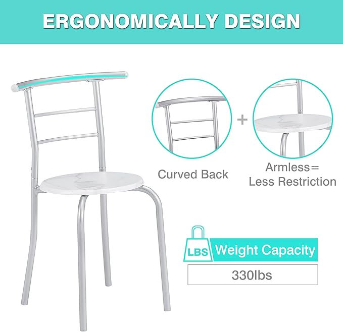 VECELO 3-Piece Dining Table Set for Kitchen Breakfast Nook, Wood Grain Oval Tabletop and Metal Frame with Built-in Wine Rack, for Small Spaces, 31.5", White & Silver