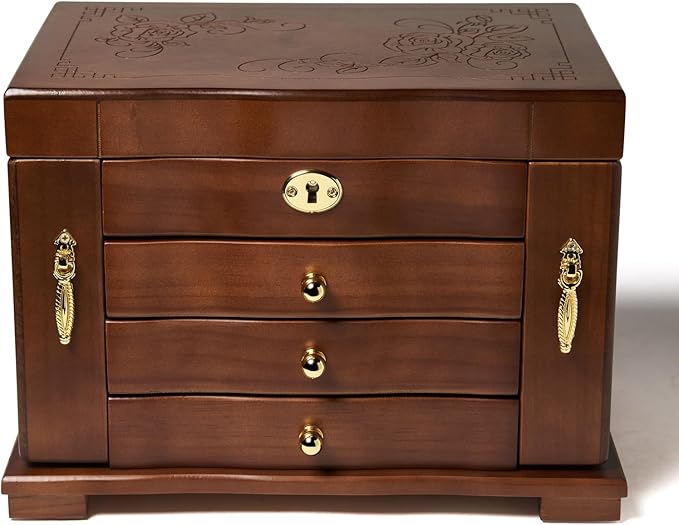 FEECOZ Wooden Jewelry Box for Women, Solid Wood Jewelry Organizer with Mirror and 3-Drawer, Ring,Necklacel,Vintage Style Storage Box with Lock (Dark Brown（Rose Pattern)