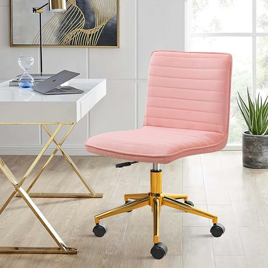Furniliving Armless Vanity Chair with Wheels, Computer Rolling Desk Chair with Back, Height Adjustable Soft Velvet Fabic Gold Metal Base Stool,Pink