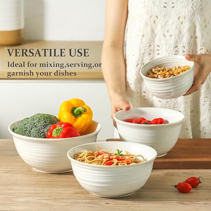 Hasense Ceramic Mixing Bowls, 2.1/1.5/1.0/0.5 Qt, Nesting Bowls for Cooking, Baking, Serving Dishes for Salad, Fruits, Popcorn, Dishwasher & Microwave Safe, Set of 4, Clay-Infused White