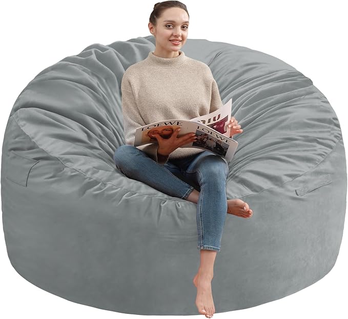 4FT Bean Bag Chair, Large Bean Bag Chairs with Memory Foam Filled, Fluffy Beanbag Sofa with Dutch Velvet Cover, Round BeanBag Chairs for Living Room, Playroom - Light Grey