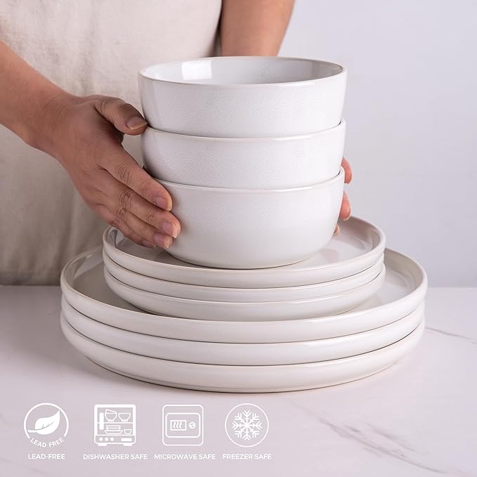 AmorArc Cereal Bowls Set of 6 for Kitchen, 26oz Stoneware Soup Bowls Set for Cereal,Soup, Modern Kitchen Bowls for Meal, Dishwasher &Microwave Safe, Reactive White