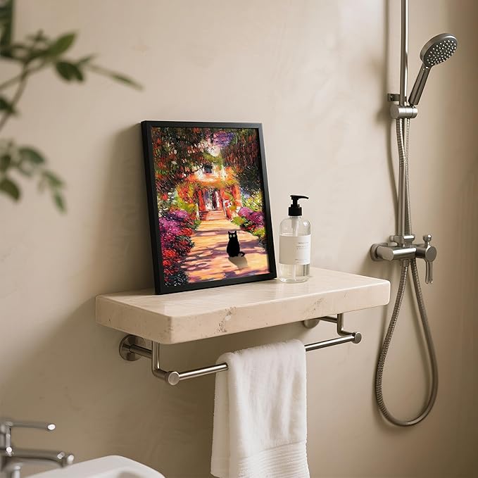 Krtoni Framed Vintage Monet Garden Cat Canvas Wall Art, Famous Oil Paintings Monet Flowers Black Cat Wall Decor, Cute Kitten Lovers Aesthetic Print For Farmhouse Gallery Bedroom Bathroom 10''L x 8''W