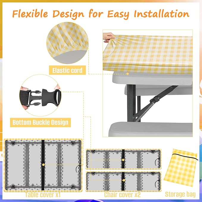 33" L x 20" W x 3" H Yellow Grid Picnic Table Cover for Kids, Fitted Tablecloth for Outdoors Oxford Cloth Waterproof Cloth for Camping Home Goods Indoor Outdoor Patio BBQ