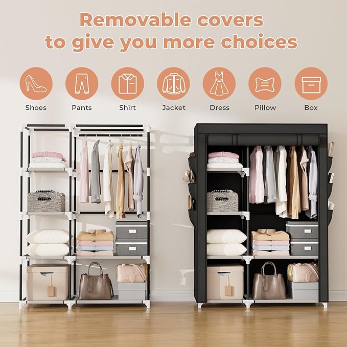 VTRIN Wardrobe Closet, 41.7 Inch Wide Portable Closets for Hanging Clothes with 1 Hanging Rod, 6 Shelves, 6 Pockets, Clothes Rack with Cover Portable Wardrobe Closet for Bedroom, Dorm, Black