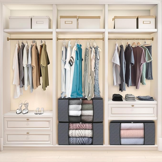 Fab totes 3-Pack Clothes Storage, Foldable Blanket Storage Bags, Containers for Organizing Bedroom, Closet, Clothing, Comforter, Organization with Lids and Handle, Grey