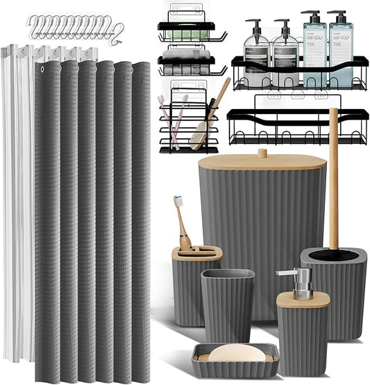 Shower Caddy and Bathroom Accessories Set, 25PC Bathroom Accessory Set with Shower Shelf Caddy for Bathroom Storage, Grey Shower Curtain Set, Toilet Brush, Trash Can, Soap Dispenser, Toothbrush holder