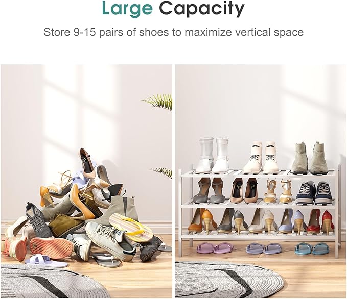 3-Tier Long Shoe Rack, Bamboo Wood Shoe Rack for Closet, Entryway & Hallway, Stackable White Shoe Shelf Storage Organizer for Indoor Outdoor