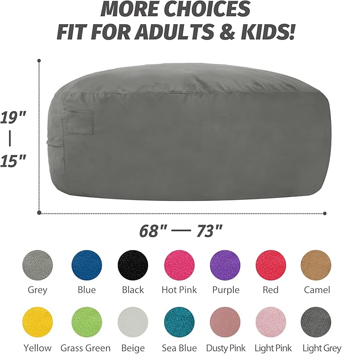 7FT Bean Bag Chair with Ultra Soft Velvet Cover Bean Bag Sofa with Memory Foam Bean Bag Chairs with Large Size Lazy Sofa for Dorm Office Living Room Bedroom Grey 7'