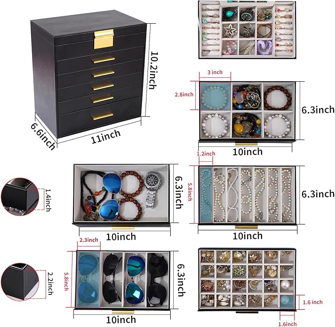 BOOVO Jewelry Box with Necklace Hanger – Jewelry Organizer for Women with 5 Drawers, Large Jewelry Storage Boxes –Jewelry Organizers and Storage for Earrings, Necklaces (Black, 6 layer)