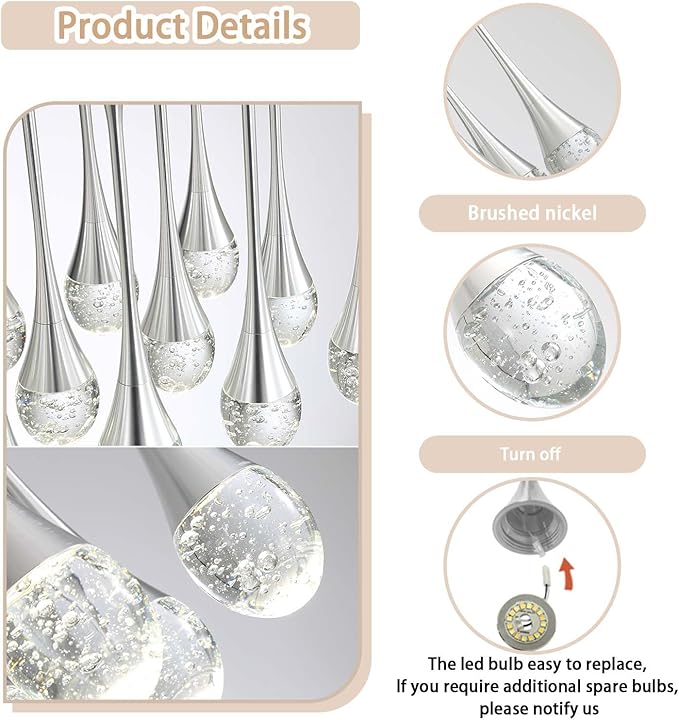 Rectangular Chandeliers for Living Room Silver Dining Room Lights Fixture Raindrop Pendant Lights Kitchen Island Crystal Chandelier for Staircase Hallway Foyer Entryway