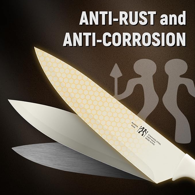 Knife Set, HUNTER.DUAL 15 Pcs Kitchen Knife Set with Block Self Sharpening, Dishwasher Safe, Anti-slip Handle (Beige)