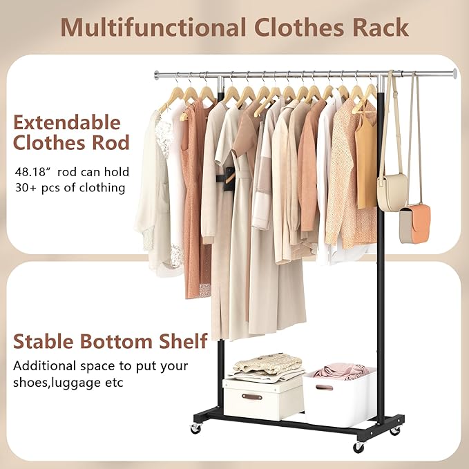 JIUYOTREE Rolling Clothes Rack with Shelf Expandable Clothing Garment Rack with Wheels Width Adjustable Clothing Organizer for Hanging Clothes Shirts Pants Skirts and Bags Black