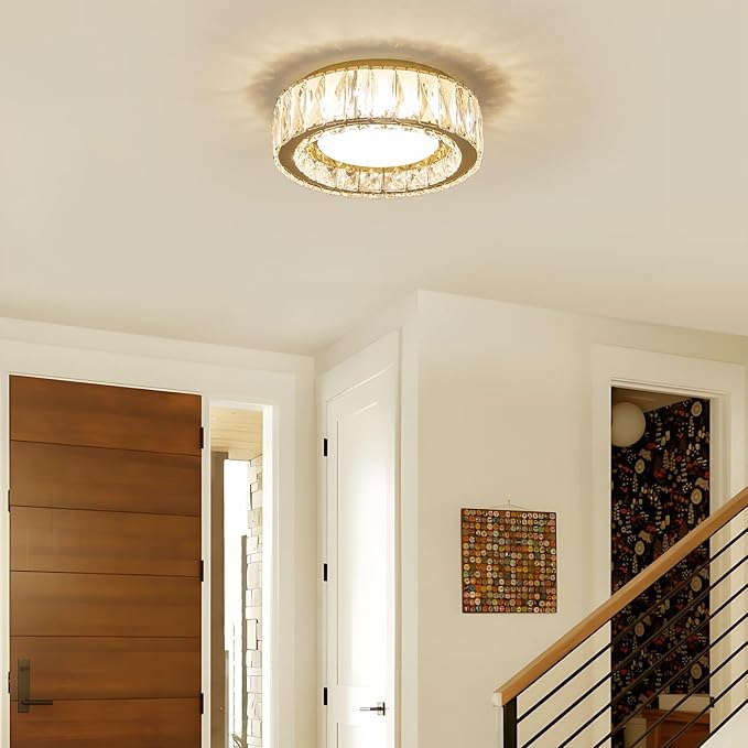 Dimmable Modern Luxury Crystal LED Flush Mount Ceiling Light,11 Inch 24W/5CCT 3000K-6000K Gold Small Close to Ceiling Lighting Fixtures for Kitchen,Entryway,Laundry Room,Porch