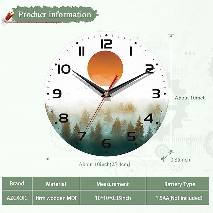 Wall Clock for Bathroom,Red Sun Wall Clocks Silent Non-Ticking Battery Operated Clock 10 Inch,Green Forest Wall Clocks Decorative for Living Room,Kitchen,Office