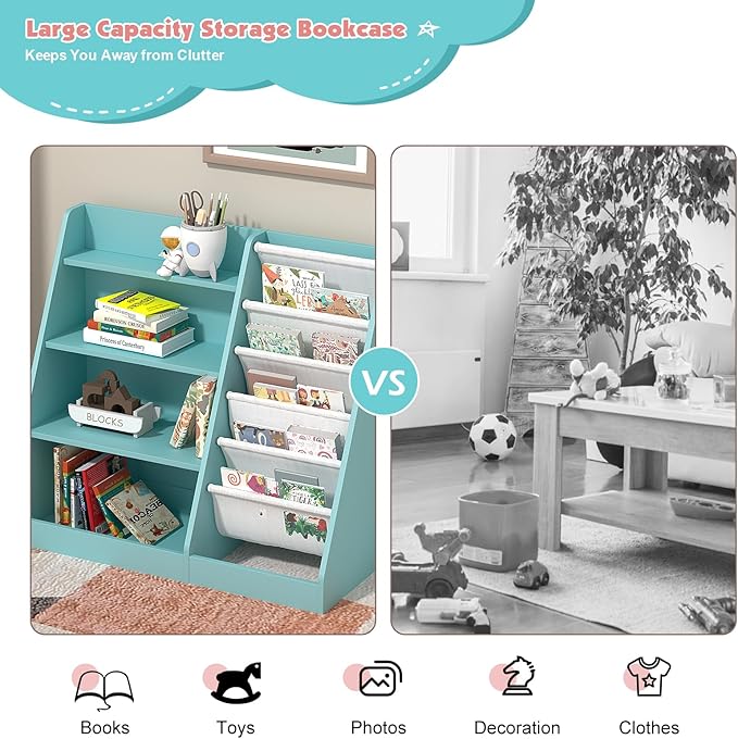 4 Tier Kids Bookshelf Wooden, Five Layer Sling Children Bookcase, Baby Toddler Storage Book Rack, Book and Toy Organizer Cabinet Chest, Book Display Shelf Stand, Playroom Nursery Classroom Library