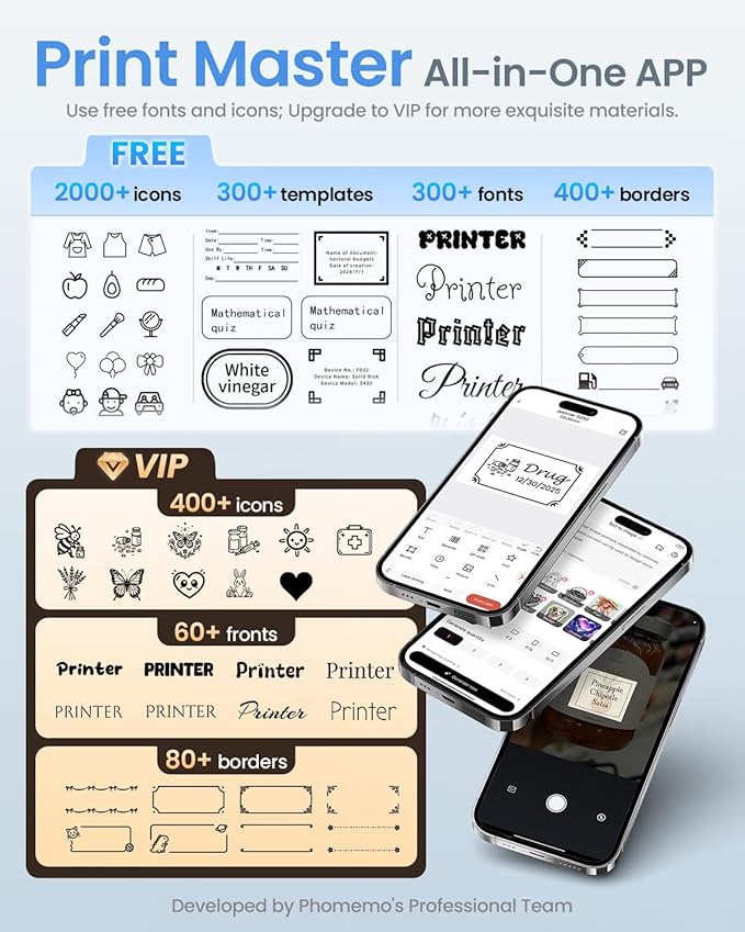 Phomemo M110 Label Makers - Barcode Label Printer Bluetooth Label Maker Portable Thermal Printer for Small Business, Address, Barcode, Logo, Clothing, Mailing, Sticker Printers for Phones & PC, Black