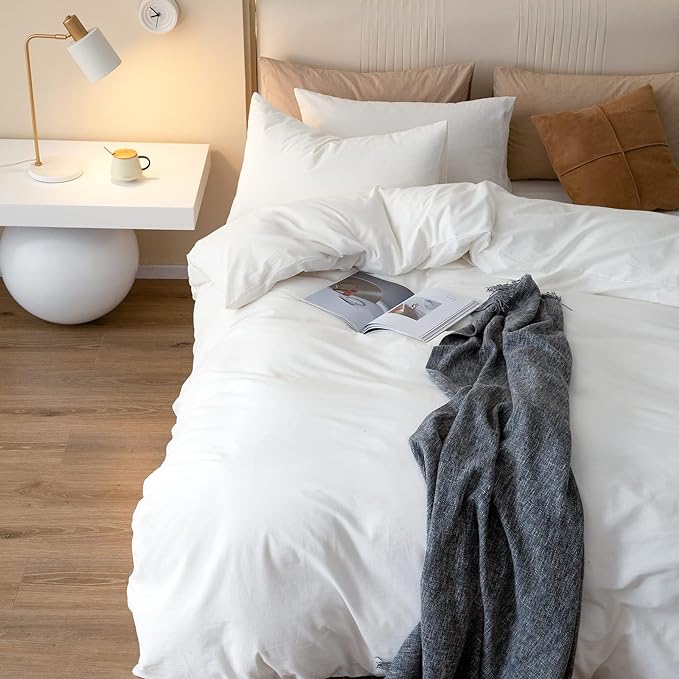 JIYUAN 100% Washed Cotton Duvet Cover Set 3 Pieces Cal King, 1 Duvet Cover 104x98 Inches(Comforter Not Included) and 2 Pillowcases,Linen Feel Bedding Set Comfy and Breathable,Off White