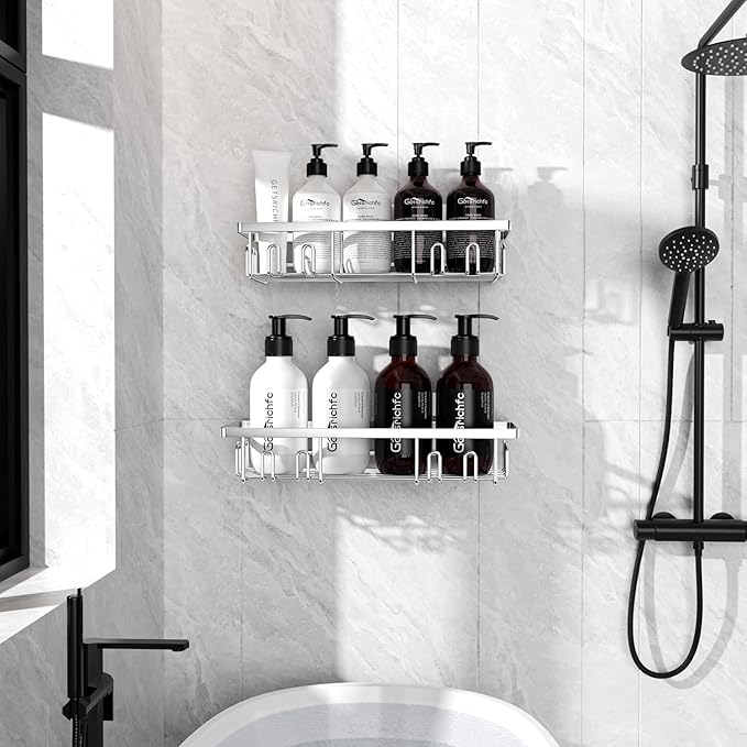 2025 New Adhesive Shower Caddy, Shower Shelves with 16 Hooks, Silvery 2 Pack