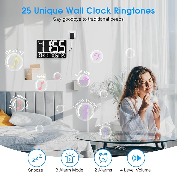 13" Bluetooth Auto Sync Wall Clock - Large Digital Alarm Clock with Remote, 25 Ringtones, Dual Alarm, Adjustable Brightness, 12/24H, Auto DST, for Living Room, Kitchen, Office, Elderly