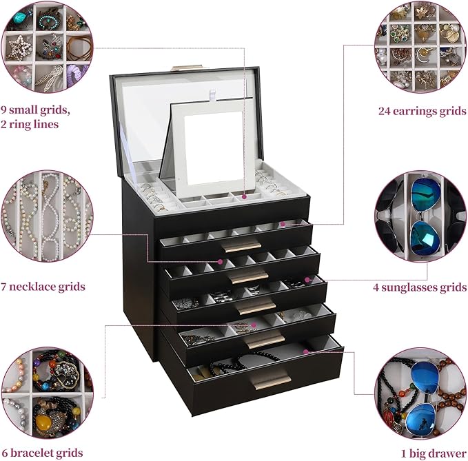 BOOVO Jewelry Box for Women, Black 6 Layer Large Jewelry Organizer with Glass Lid for Necklace, Bracelet, Earrings, Rings Storage, Jewelry Organizers and Storage for Girls Gift (Clear Black, 6 layer)