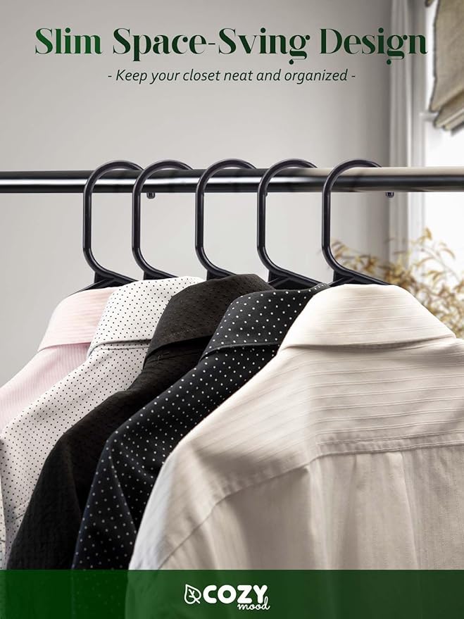Cozymood Plastic Notched Hangers 20 Pack, Space Saving Tubular Clothes Hangers Black, Slim Non-Slip Heavy Duty Plastic Hanger for Everyday Use, Standard Closet Hanger for Shirts, Coat, Dress, Skirts