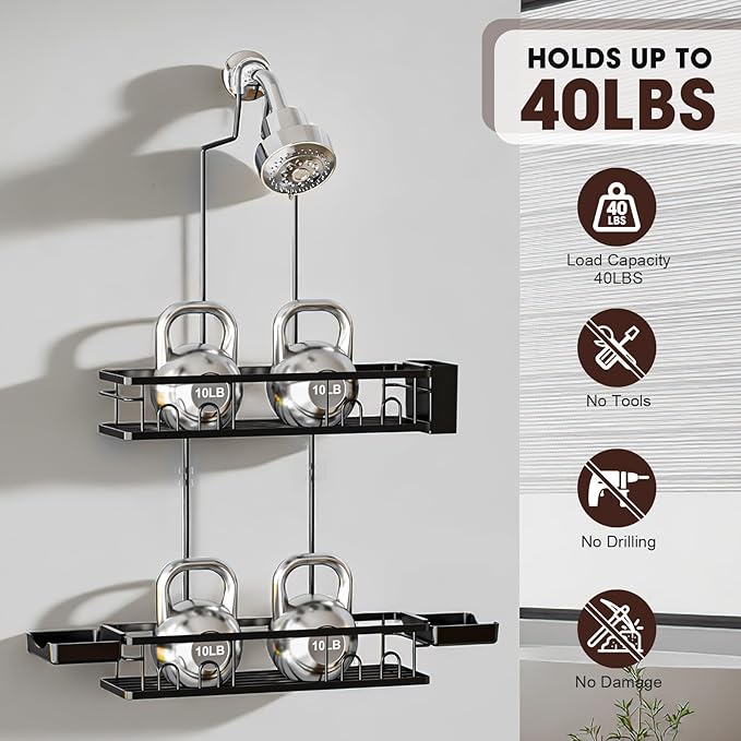 Shower Caddy Hanging, Rustproof Shower Shelves - No Drilling Inside Bath, Extended Length Shower Organizer with Soap Holder; Toothbrush Holder, Black