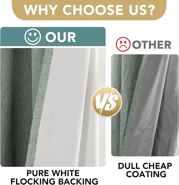 H.VERSAILTEX Linen Blackout Curtains 108 Inches Long 100% Blackout Thermal Insulated Textured Linen Look Curtain Draperies Anti-Rust Grommet, Energy Saving with White Liner, 2 Panels, Green Bay