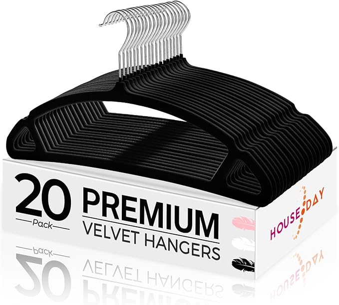 HOUSE DAY Black Velvet Hangers 20 Pack, Luxury Non Slip Felt Hangers, Space Saving Clothes Black Hanger Heavy Duty, No Shoulder Bump Focked Hanger with 360° Swivel Hook for Closet
