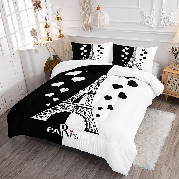 Kids Comforter Set Eiffel Tower Printed Pattern Bedding Set with 1 Comforter and 2 Pillowcases for Girls Boys Bedroom All Season(Tower1 Queen)