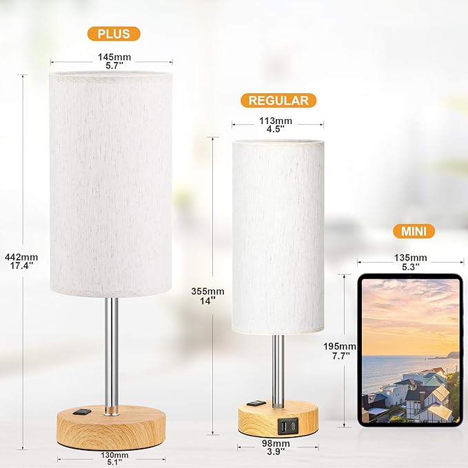 Touch Table Lamp - Cream, 3-Way Dimmable, USB A + C Charging, AC Outlet, 17.4inch Medium, Wood Grain Base