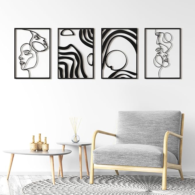 Art3d Metal Wall Art, Set of 4 Black Wall Decor for Living Room Bedroom Hallway Dining Room, Line Art Wall Décor, Life and Romance Story theme Minimalist Wall Art Style