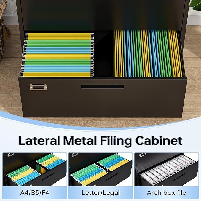 Lateral Filing Cabinet,3 Drawer File Cabinet with Lock,Office Lateral File Cabinets for Legal/Letter A4 Size,Require Assembly, Black