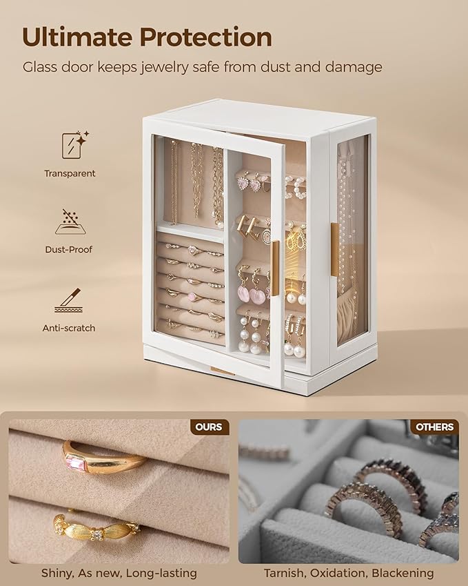 360° Rotating Jewelry Box with 5 Drawers, Spacious Vertical Jewelry Organizer with Glass Window, Jewelry Storage Case, Dustproof & Moisture-resistant Design, White
