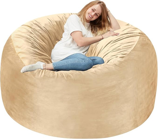Homguava 4 FT Bean Bag Chair: 4' Bean Bags with Memory Foam Filled, Large Beanbag Chairs Soft Sofa with Dutch Velvet Cover-Khaki