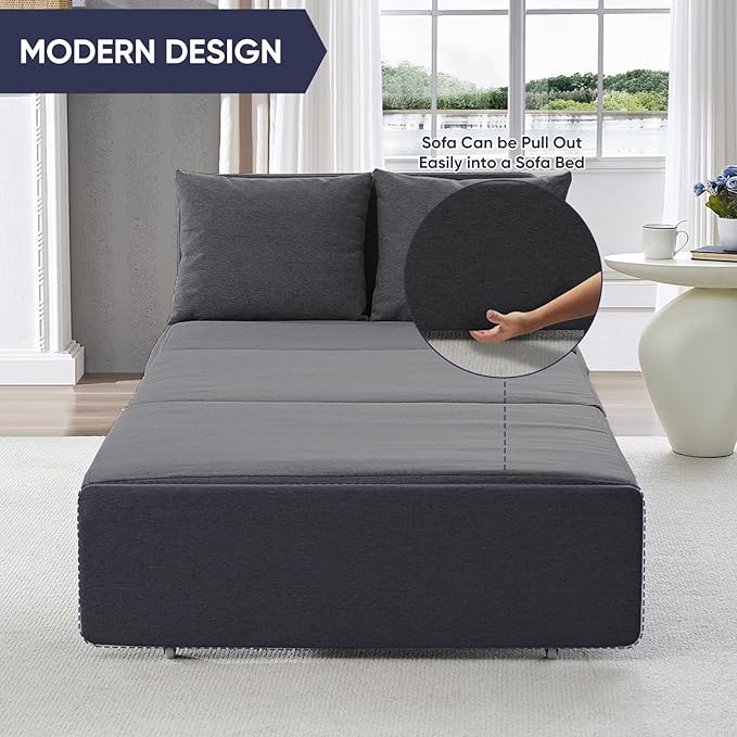 2 in 1 Pull Out Sofa Bed Full Size, Small Convertible Sleeper Sofa Couch, Linen Folding Guest Bed with Wheels and Cushions Pillow, Futon Sofas Couch Beds for Bedroom Office Lounge - Dark Grey