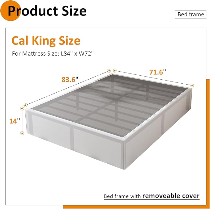 Cal King Bed Frame with White Fabric Cover, 14 Inch Heavy Duty Metal Platform Support Up to 3000 lbs with Steel Slats, No Box Spring Needed, Easy Assembly, Noise Free, Black