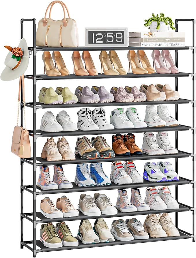 8 Tier Shoe Organizer, 33.3in Wide x 11.2in Deep x 55.7in Tall, Black Metal and Plastic Shoe Rack, Holds up to 32-40 Pairs of Shoes