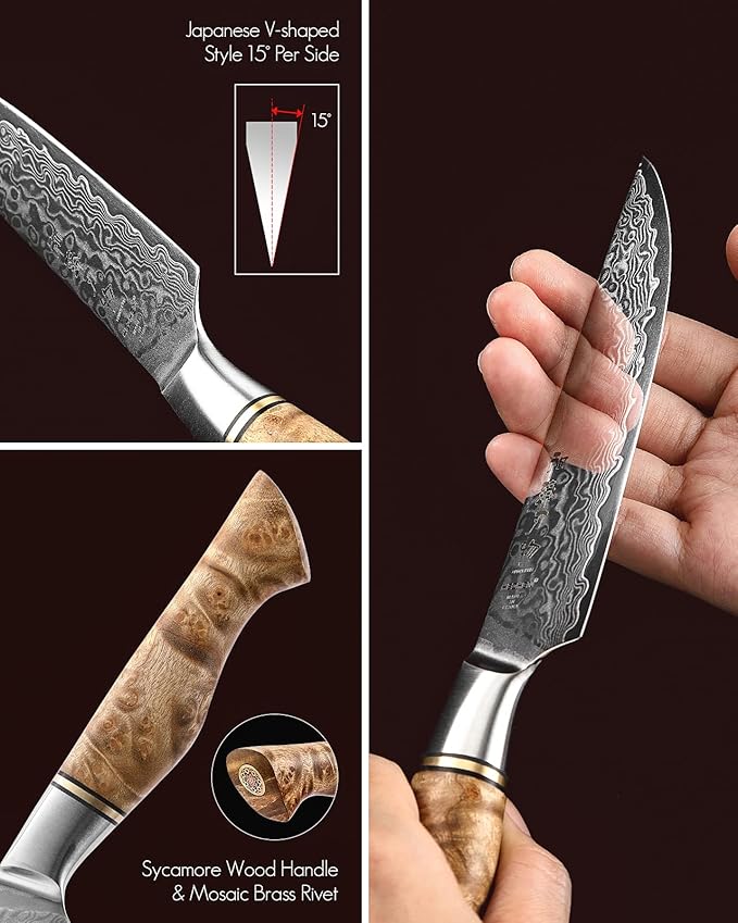 HEZHEN 6PCS Kitchen Knife Set Professional Forged Damascus High Carbon Steel Steak Knife Figured Sycamore Wood Handle-Porcelain Gift Package