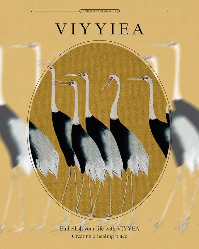 VIYYIEA Gold Framed Wall Art Canvas Print Home Decor, Vintage Cranes Wall Art for Living Room, Vintage Animal Oil Painting Picture, Print Framed Home Decor, Bathroom Wall Decor Seven Cranes 13x16in