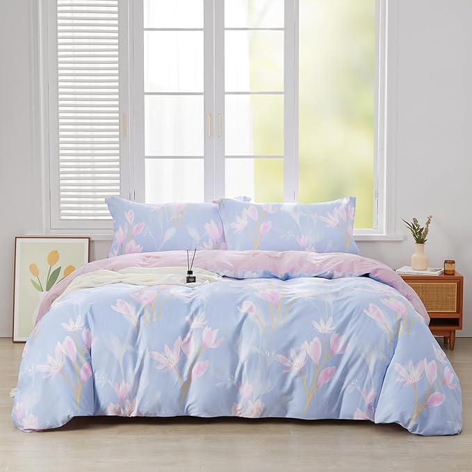 SAPHREAS Pink Orchid Flower Pattern Duvet Cover Set King Size 3pcs Blue Floral Bedding Comforter Cover Set 100% Cotton 1 Duvet Cover 104"x90" 2 Pillow Shams, Comforter Not Included