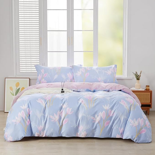 SAPHREAS Pink Orchid Flower Pattern Duvet Cover Set King Size 3pcs Blue Floral Bedding Comforter Cover Set 100% Cotton 1 Duvet Cover 104"x90" 2 Pillow Shams, Comforter Not Included