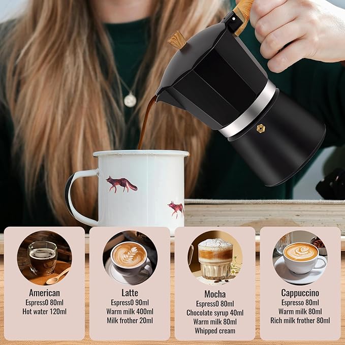 9 Cup Aluminum Moka Pot Classic Stovetop Espresso Coffee Maker 450ml 15oz Coffeemaker Percolator Mocha Pot Greca Coffee Maker Cafe Makers for Italian and Cuban Café Brewing Black