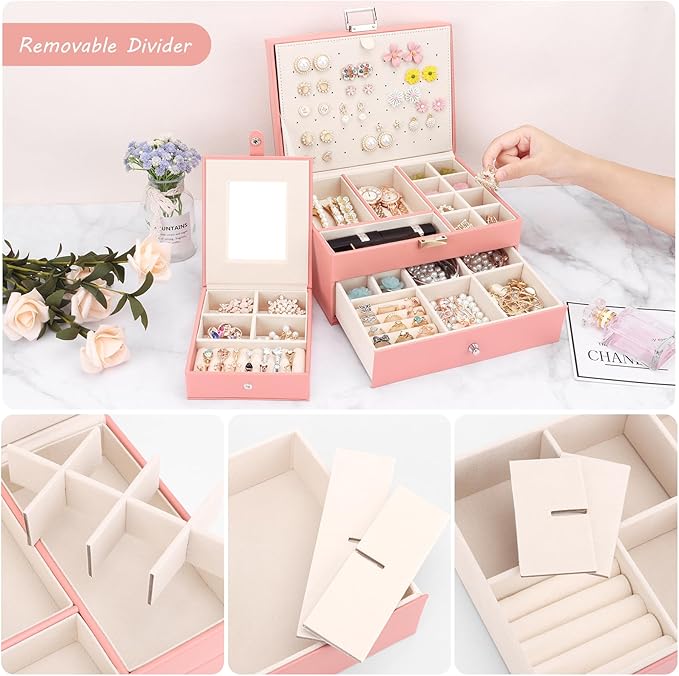 DesignSter Jewelry Organizer Box, 2 Layers Large Jewelry Box with Travel Jewelry Case, Leather Jewelry Storage Case for Rings Earrings Bracelets Necklaces (Pink)