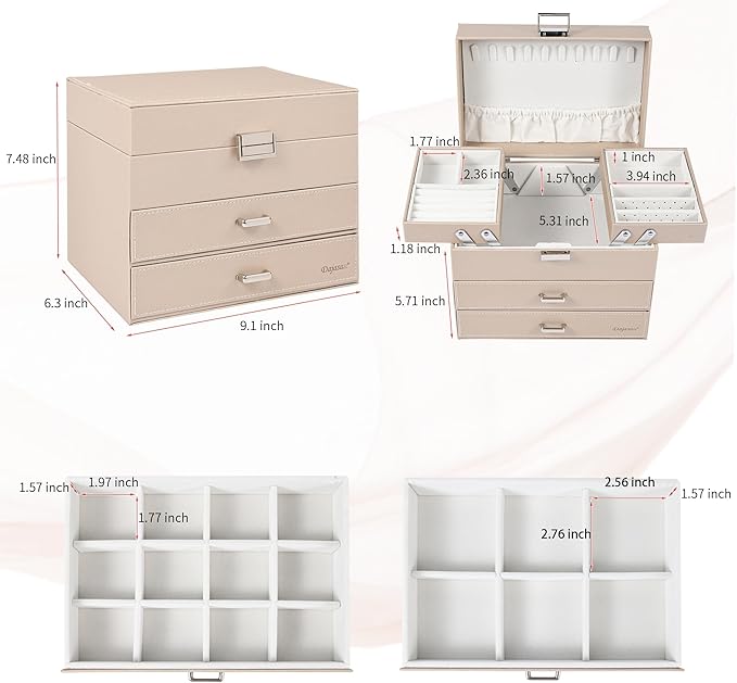 Dajasan Jewelry Organizer Box, Large Jewelry Storage Box, PU Leather Jewelry Storage Case for Valentine's Day, Birthday, Mother's Day, Christmas (Champagne)
